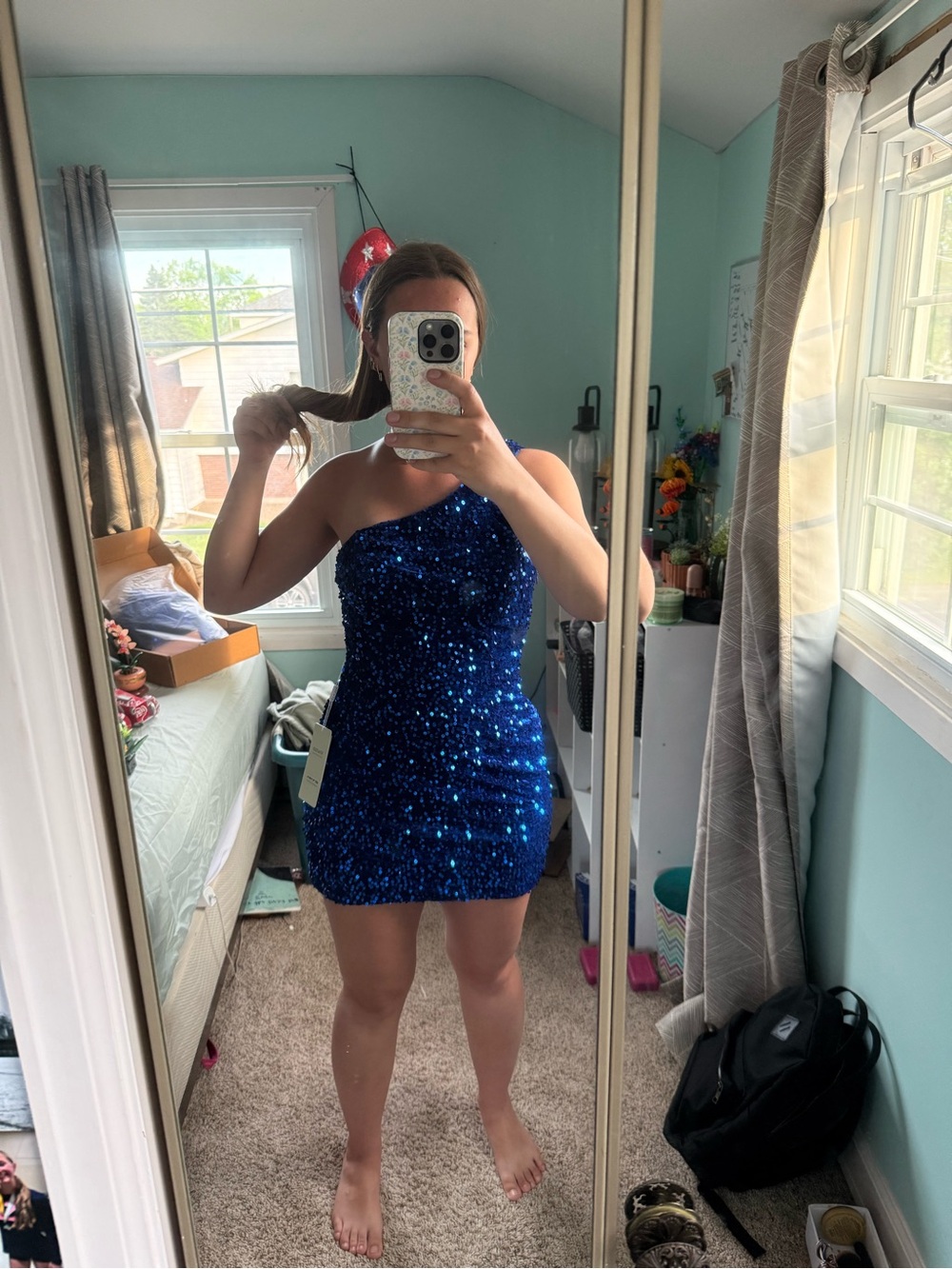 One-Shoulder Blue Sequin Mini Dress